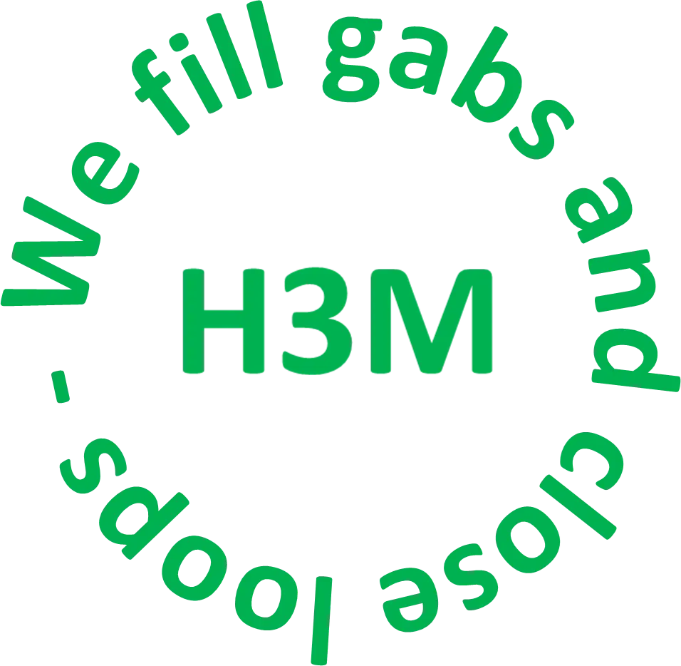 Grønt H3M logo og slogan "We fill gaps and close loops"