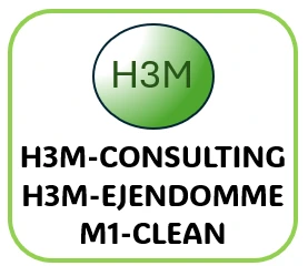 H3M Gruppen logo med H3M-Consulting, H3M-Ejendomme og M1-Clean teksten